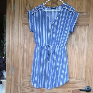 Blue Striped Drawstring Mini Dress with Gold Button Accents